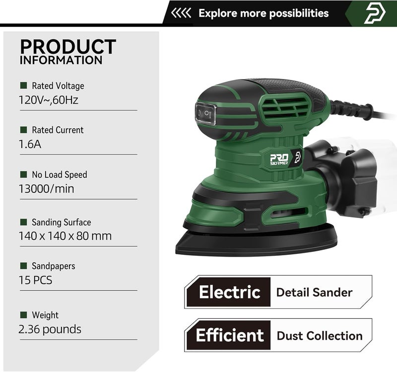 Prostormer Detail Sander, 13000RPM Mouse Sander, 1.6A Electric Palm Sanders with 15Pcs Sandpapers, Dust Collection Box for Tight Spaces Sanding, Polishing, Woodworking in Home Decoration - Image 2